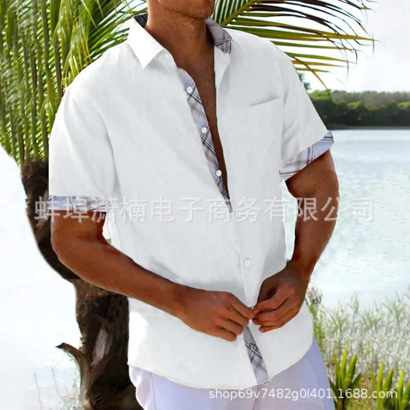 Men's Beach Vacation Shirt Short Sleeve Cardigan Contrast Lapel Shirt
