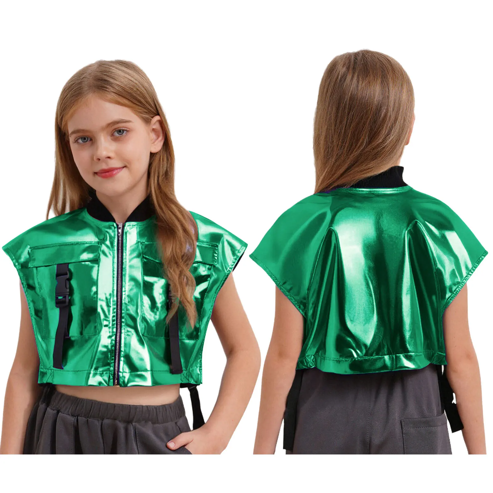 Meisjes metallic glanzend jazz hiphop dansvest jas streetwear mouwloze ritsjas met gespzakken voor toneelvoorstellingen