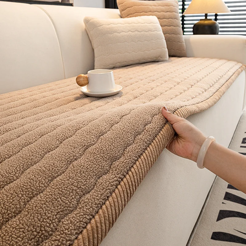 Nordic Thick Lambswool Sofa Cushion Autumn and Winter Warm Corner Couch Covers Skin-Friendly Solid Color Non-Slip Mat for Sofa