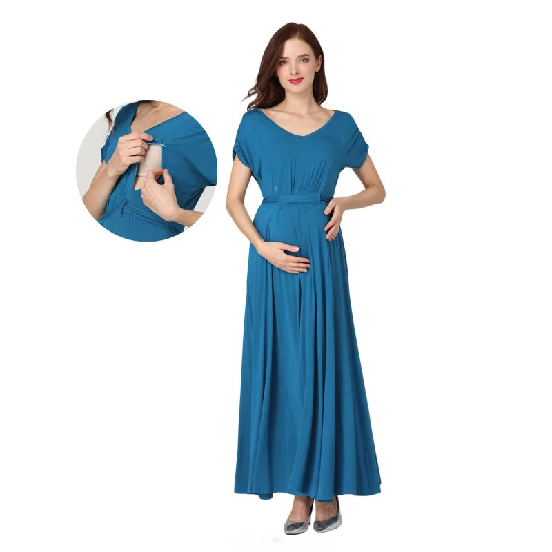 2024 Spring Summer Maternity Dress V Neck Breastfeeding Long Dress Casual Sexy For Pregnant Women Shortsleeve Lactation Dresses