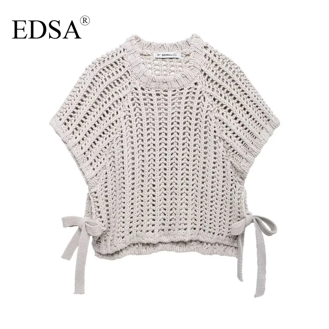 EDSA Women Chunky Knit Top with Side Straps O-Neck Short Sleeves Hollow Out Cropped Sweater Pullover for Casual Female