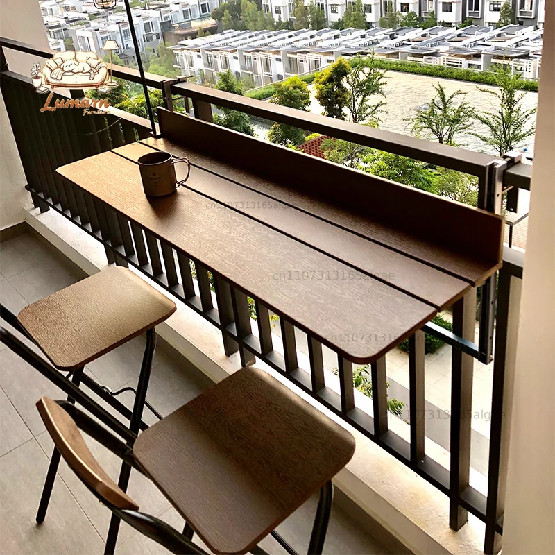 ‌Balcony Railing Hanging Table | Foldable Outdoor Bistro Desk, Adjustable Laptop Stand & Home Office Workstation with Storage‌