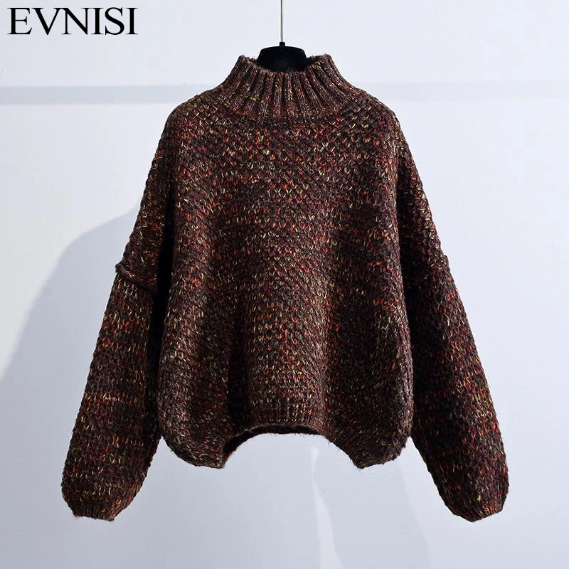 EVNISI Women Thickening Half High Collar Sweater Pullover Knitting Loose Long Sleeve Jumper For Women Vintage Cashmere Sweater