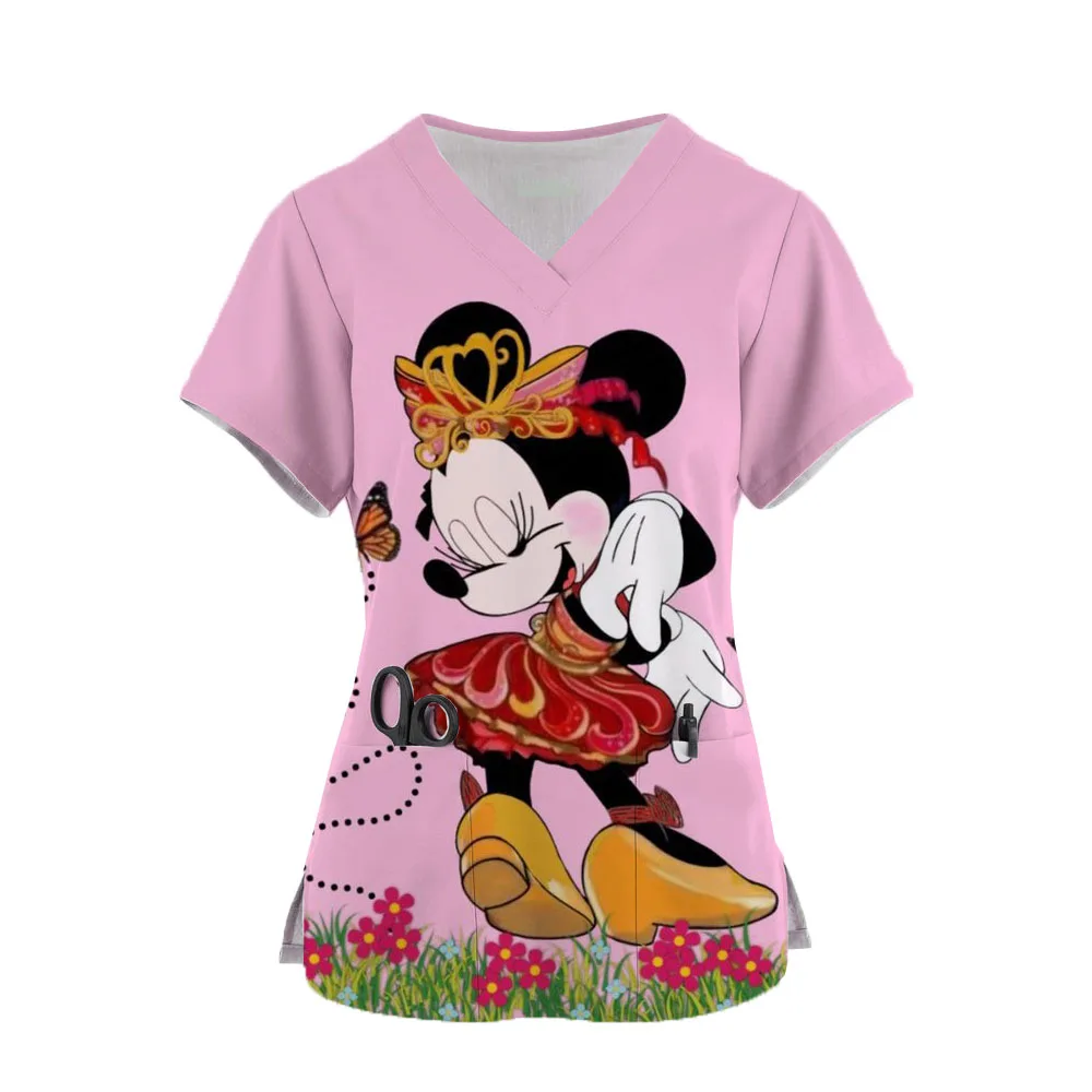 

v-neck Blouse Dental Clinic Uniform Medical Nurse Scrub Tops Hospital Working Uniforms Medcine Minnie Mickey Mouse Print Nursing