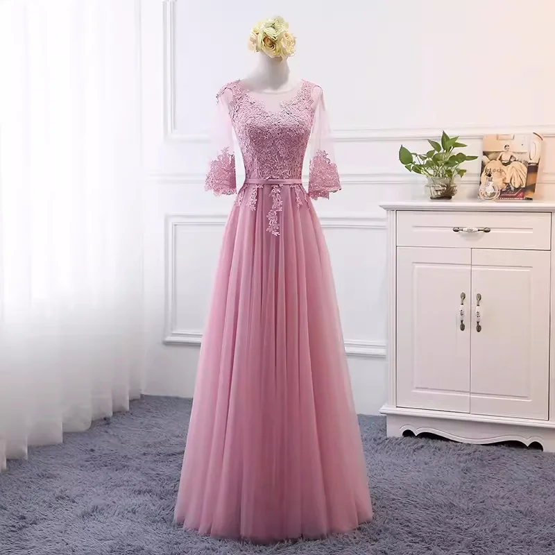 MNZ-120#Lace Up Pale Mauve Net Yarn Long Bridesmaid Dresses New Spring Wholesale Wedding Party Prom Gown Customized large size