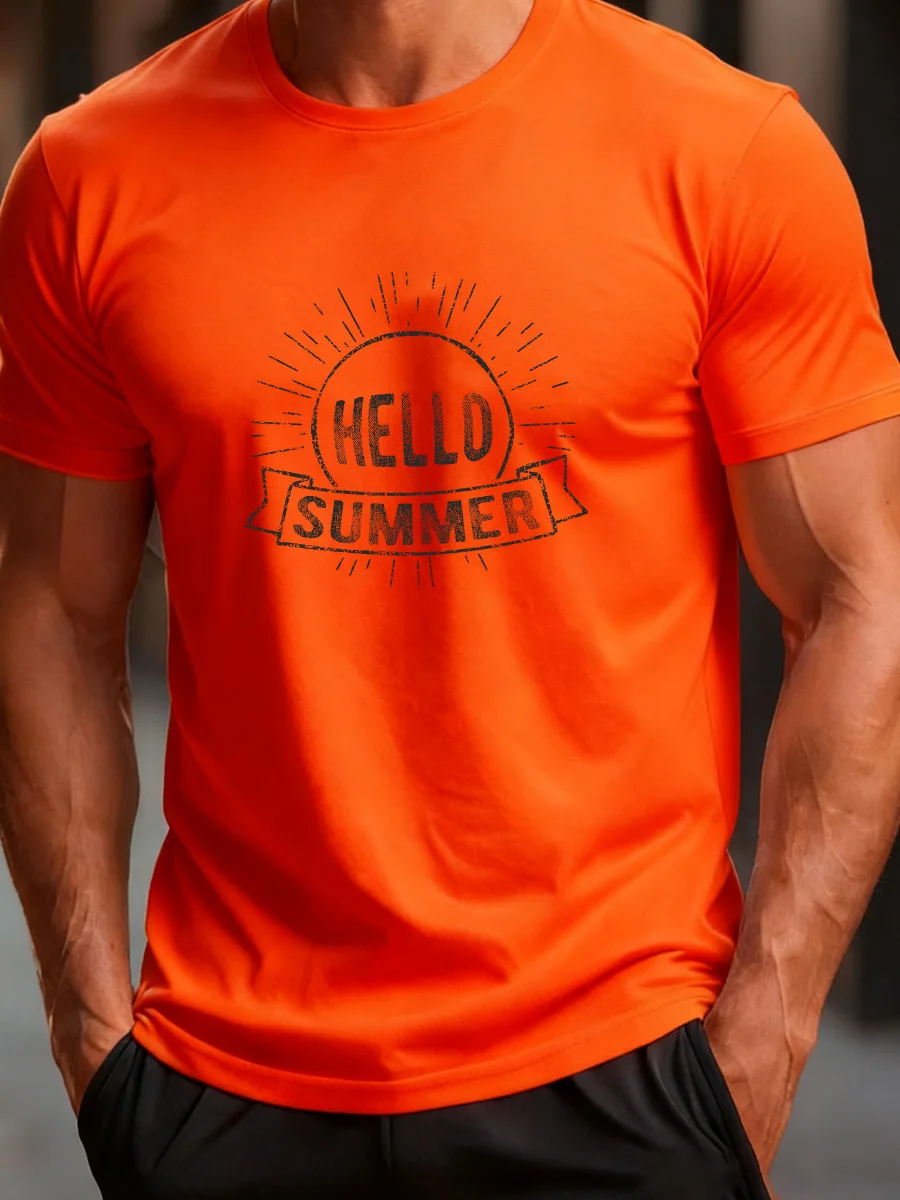 تي شيرت برتقالي لامع بأكمام قصيرة مع طباعة جرافيك "HELLO SUMMER" - تي شيرت كاجوال للرجال برقبة دائرية لأسلوب الصيف #1