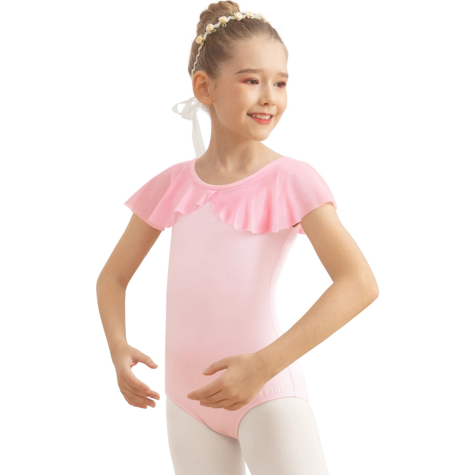 Girls’ Ballet Dance Leotards with Flutter Sleeve Petal Skirt and Bowknot Back