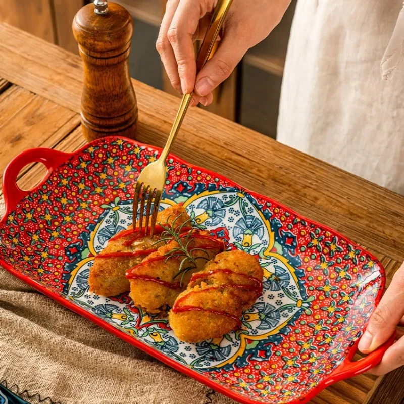 13in Bohemian double-eared fish plate household steamed fish plate large rectangular fish serving plate ceramic vegetable plate