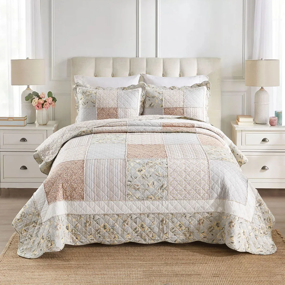

100% Cotton Patchwork Quilted Bedspread Set 3PCS - Summer Lightweight Quilt & Breathable Bed Sheet for Seasonal Home Decor