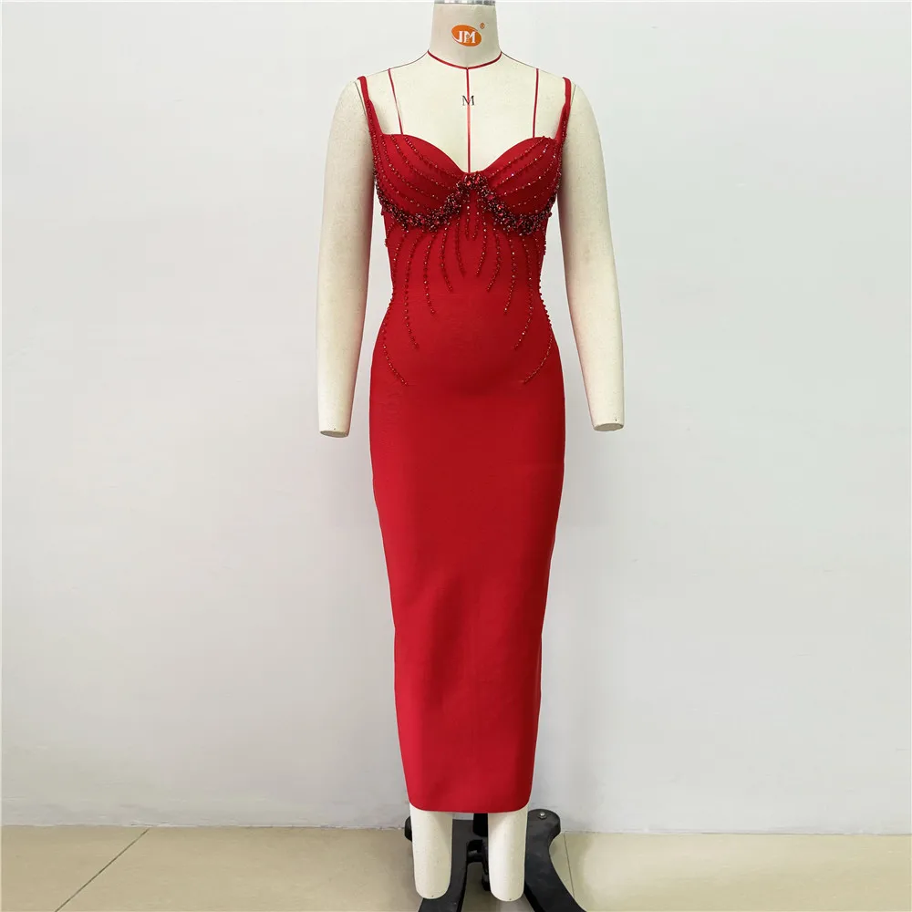 Women Sexy Beading Spaghetti Strap Bandage Dress Bodycon Clothes Club Party Celebrity Elegant Dresses