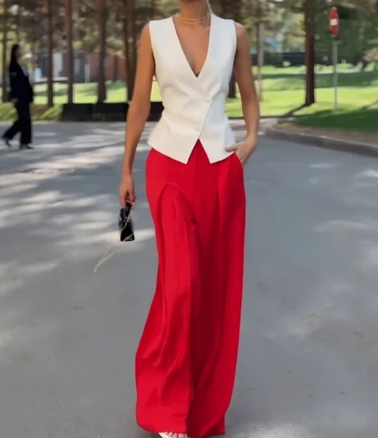 Fashionable and Personalized White Deep V Sleeveless Single Breasted Vest Top Red High Waisted Wide Leg Mop Pants Long Pants Set