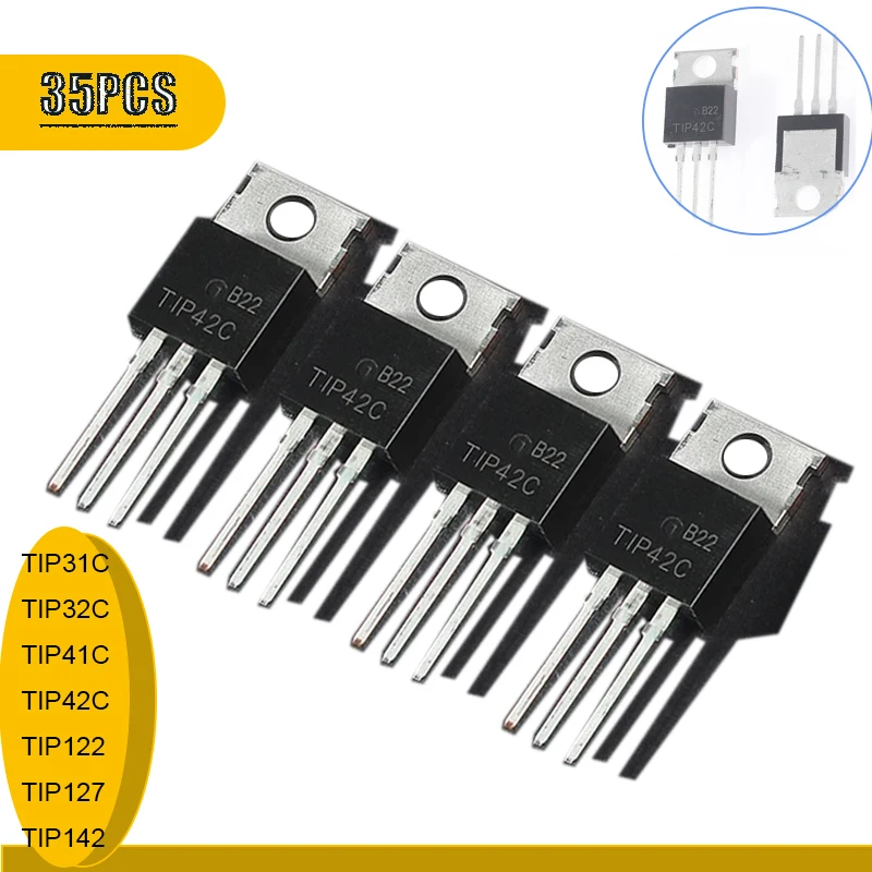 35PCS TIP31C TIP32C TIP41C TIP42C TIP122 TIP127 TIP142 Transistor Kit TO-220 PNP NPN Transistors Assortment Kit 7 Values X 5pcs