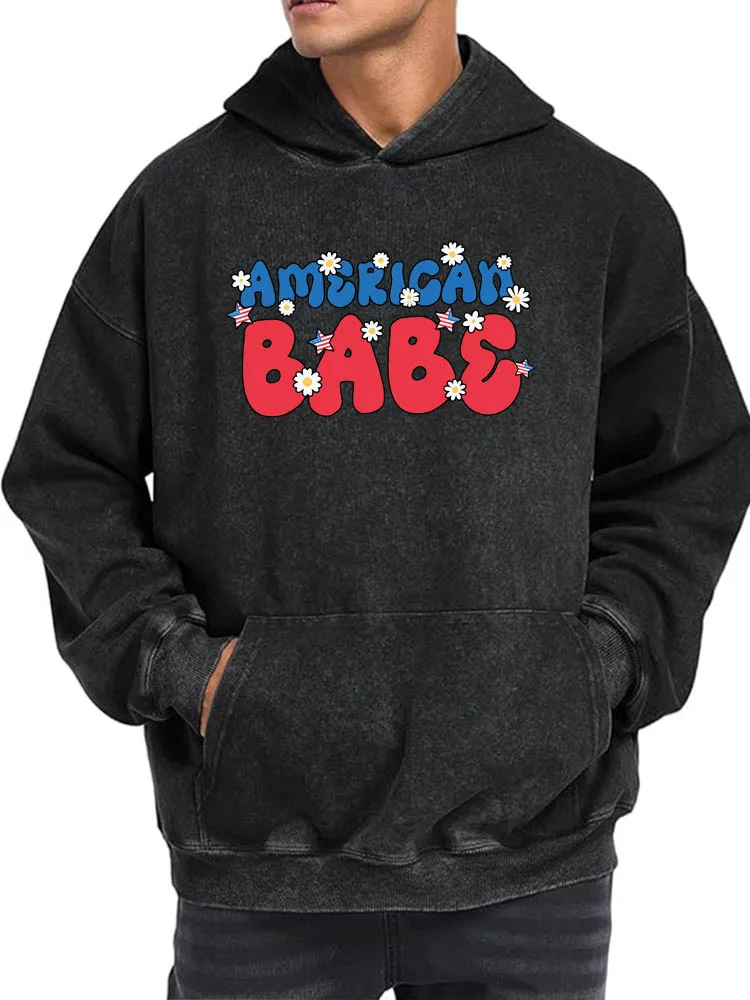 سترة بغطاء للرأس برسومات مغسولة كلاسيكية للرجال من American Babe، بلوفر كاجوال بطباعة كلاسيكية، قماش ناعم #1
