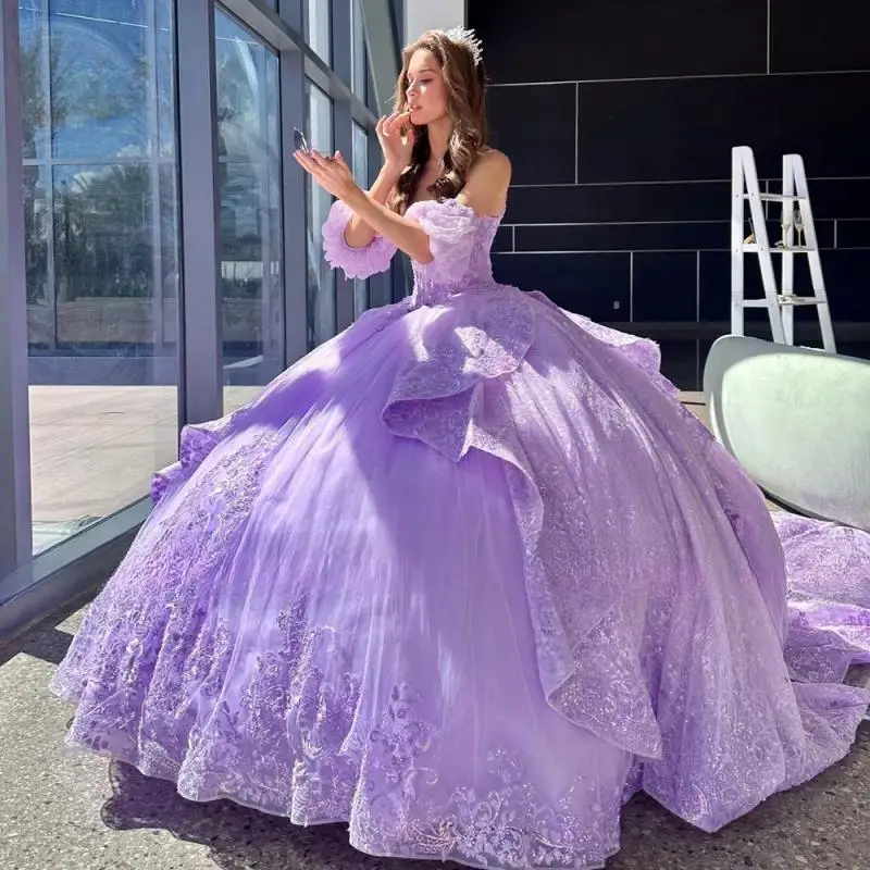 Purple Mexican Vestidos De 15 Quinceañera 3D Flower Sweetheart Layers Applique Ball Gown Sweet 15 16 Birthday Quinceanera Dress