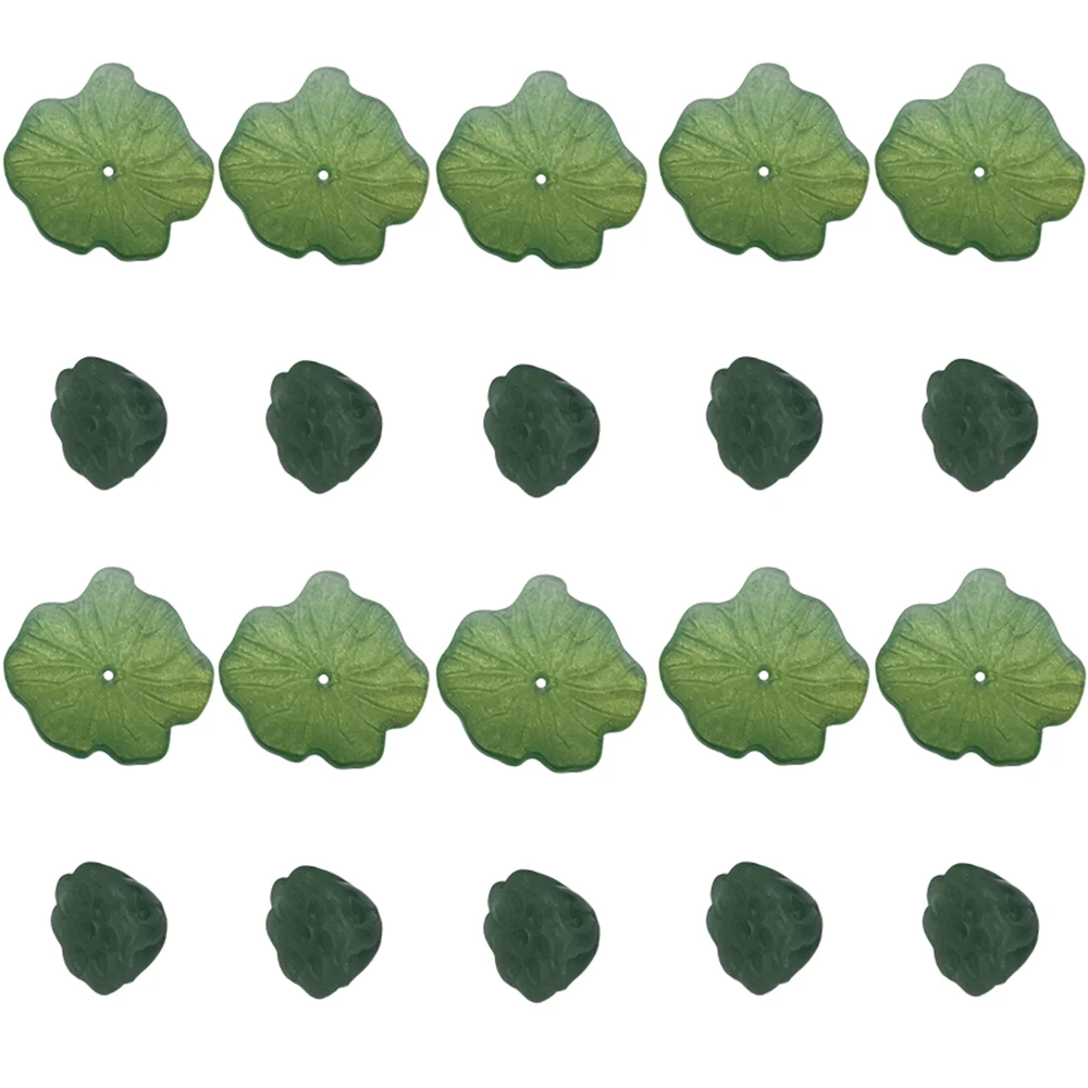 20pcs Glass Green Leaf Lotus Seedpod Pendant Paired With Round Headed Needle Connection Charms For DIY Jewelry Making Supplies