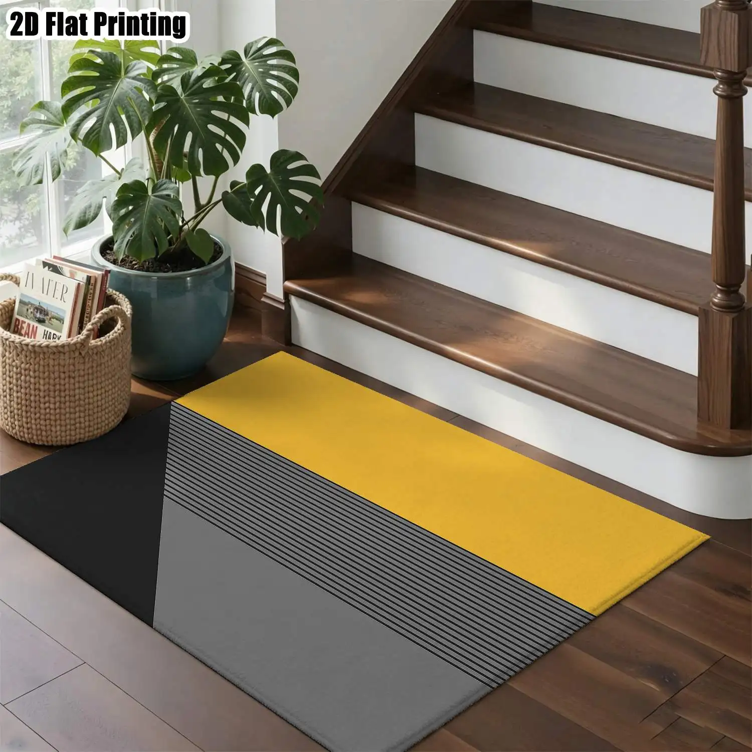 1Pc 2D Printed Black, Yellow & Gray Geometric Striped Carpet: Modern Minimalist, Nordic/Instagram Style, Multi-Size, Machine Washable, Ideal for Home Decor & Various Door Mats, Living/Bedroom/Dining Room Floors