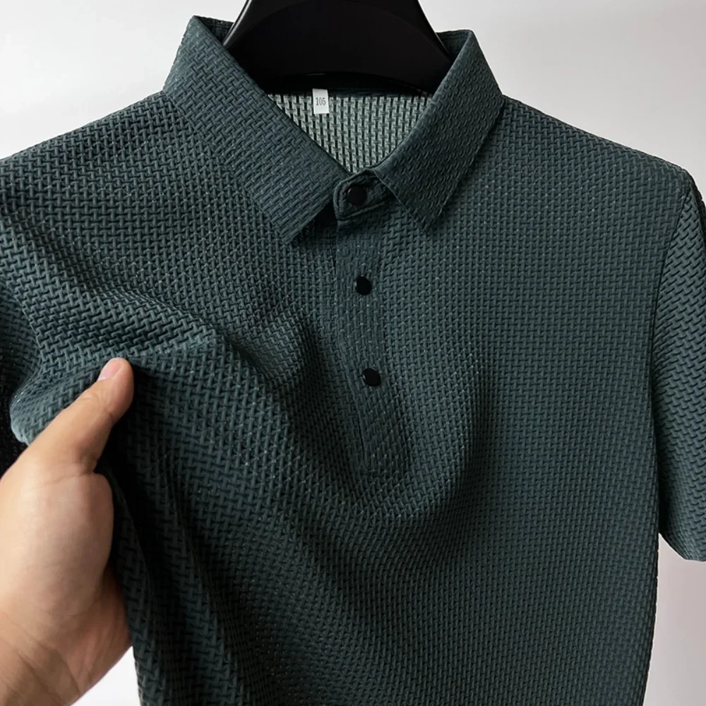 Polo de punto de seda bordada de gama alta para hombre, camisa hueca, moda coreana, Top de manga corta transpirable informal de negocios, Verano