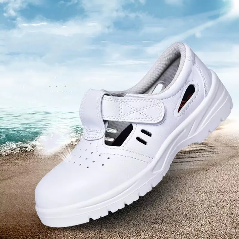 big size mens casual white safety shoes soft leather steel toe caps work sandals summer breathable worker security boots protect
