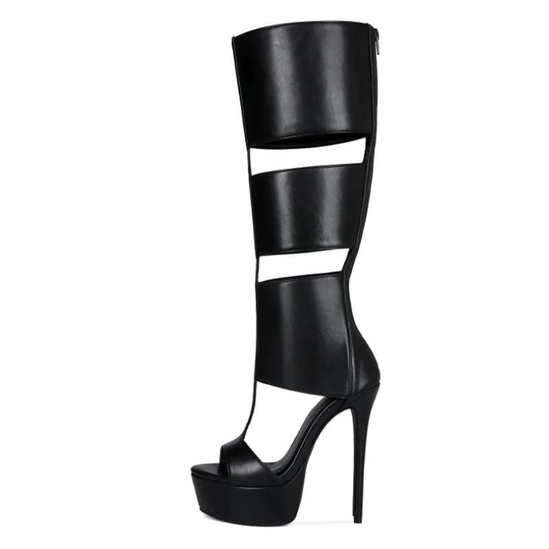 

Roma Style Peep Toe Knee High Boots Black Matte Leather T Straps Hollow Platform Heels Women Gladiator Heels Bootie