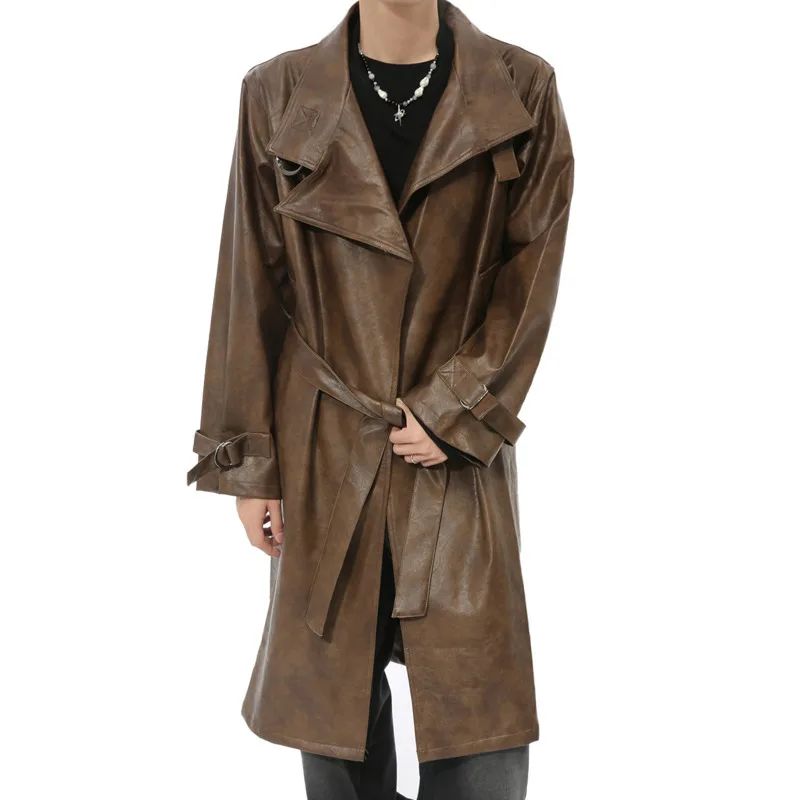 SYUHGFA Korean Style Men's Windbreaker Casual PU Leather Solid Color Thickened Overknee Male Long Coat Chic 2024 Autumn Winter