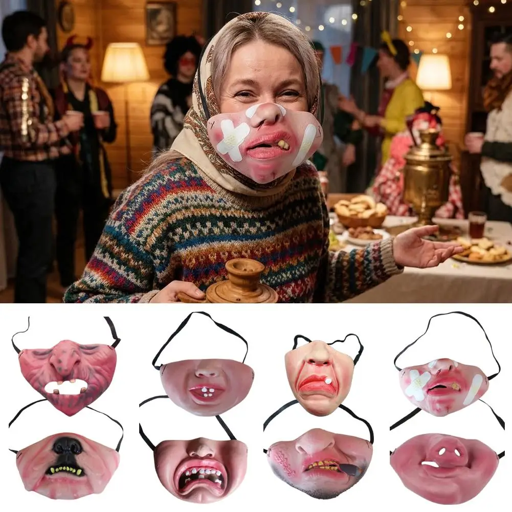 

Funny Half Face Mask Latex Prank Masks Ugly Mouth Latex Cosplay Costume Props for Halloween Birthday Party Accessories