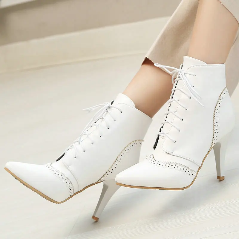 

Extra Big Size 49 50 51 52 White Red Black Lace-up Women Fall Shoes Brogue Design Spike High Heels Stiletto Ankle Short Boots