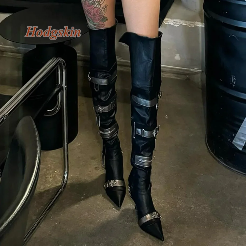 

Motorcycle Metal Belt Buckle Boots Stiletto High Heel Over The Knee Side Zipper Boots Patchwork 2025 Newest Fashion Casual Boots