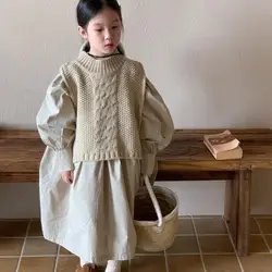 Autumn Outfits Girl Infant Solid Puff Sleeve Casual Party Dress Children Cotton Princess Dresses Baby Knitted Simple Twist Shawl