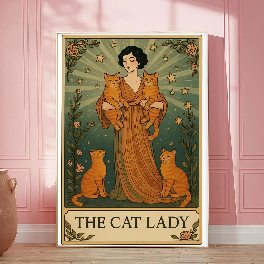 Cat Lady Tarot HD Wall Art Poster Art Nouveau Vintage Cat Illustration Cat Lovers Gift Retro Home Decor Bedroom Living Room