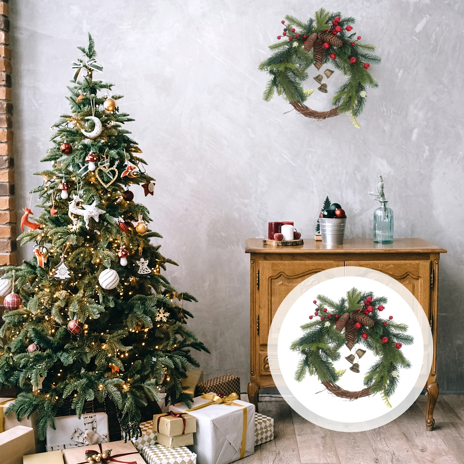 

1 pc Boho Style Christmas Red Berries Pine Cone Rattan Embellishment Natural Bright Warm Hanging Garland for Home Party