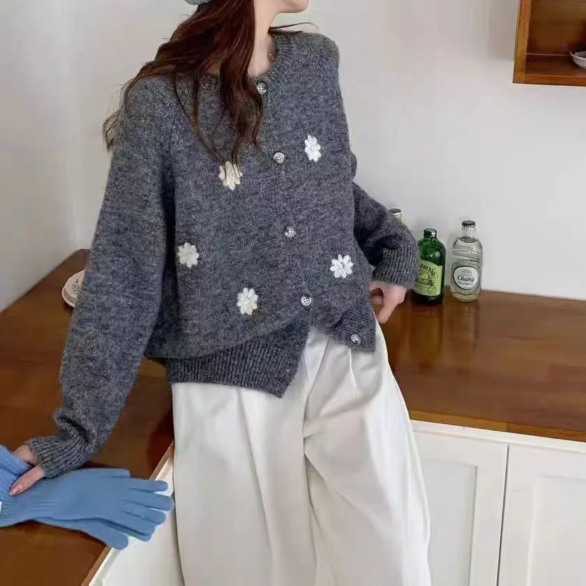 Mantel Wanita Kardigan Sweater Mantel Jaket Leher Bulat Lengan Panjang Jumper Y2k Streetwear Rajutan Elegan Jahitan Terbuka Musim Gugur Musim Dingin