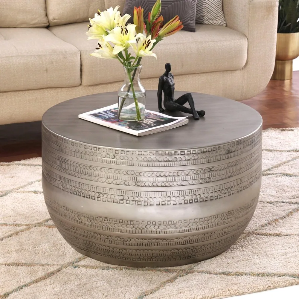 

Modern Round Aluminum Hammered Embossed Texturing Metal Drum Coffee Table, Hand-Stamped Iron, Boho Accent Cylinder Drum Coffee T