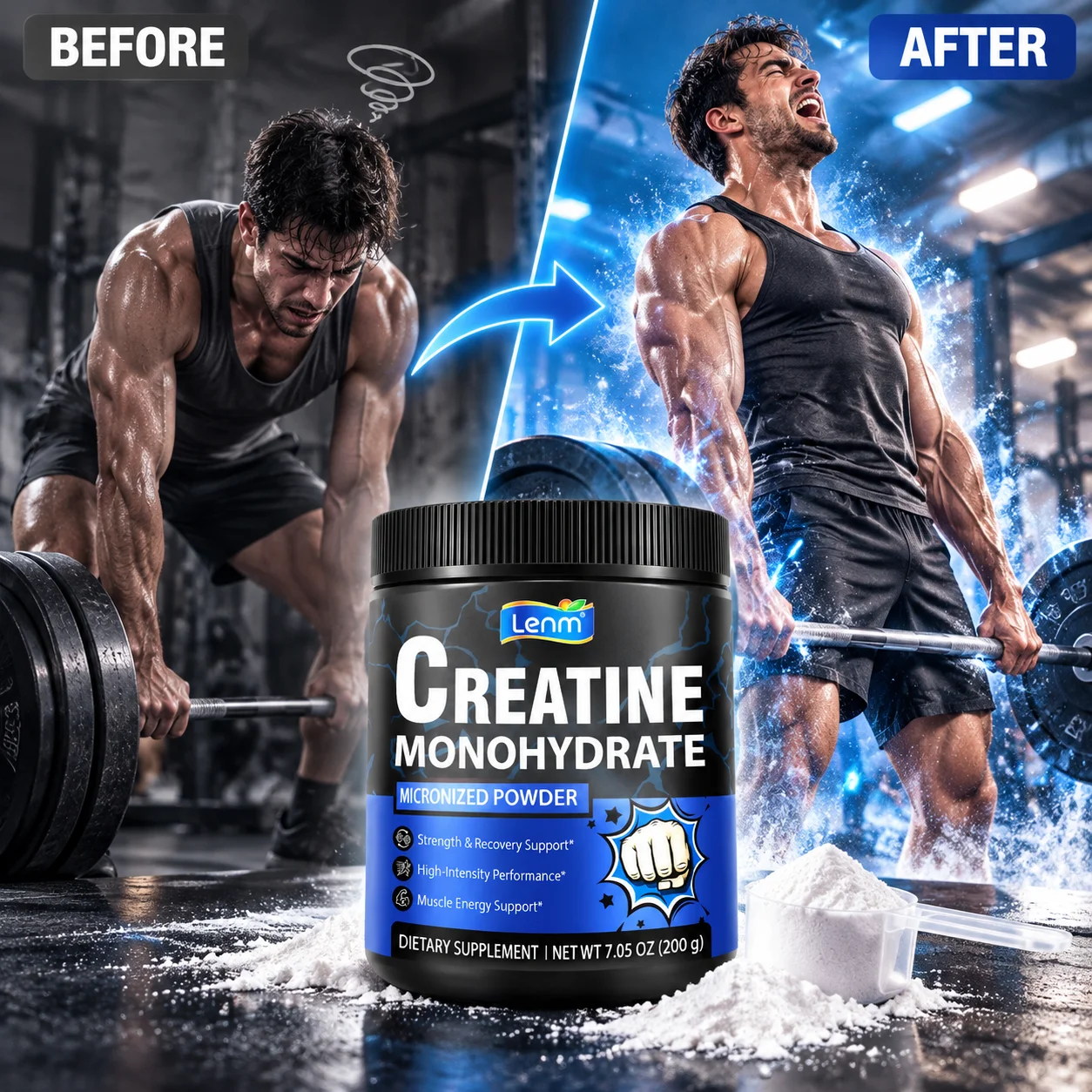 Micronized Creatine Monohydrate Powder Unflavored Lean Muscle Growth Energy Recovery Immune Support Anti-Fatigue, 40 Servings