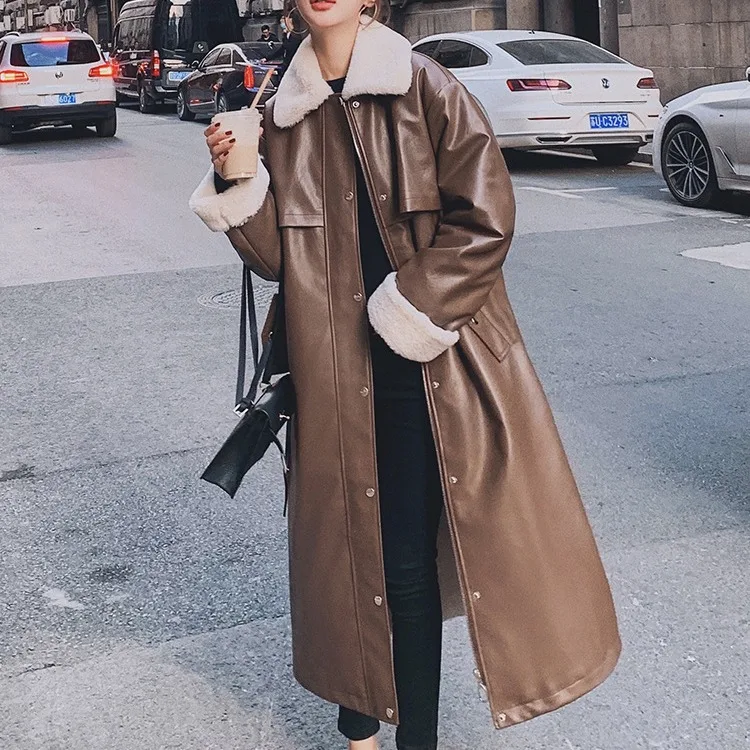 

Loose Patchwork Coffee Color Loose Patchwork Lamb Wool Long Parka Cotton Jacket