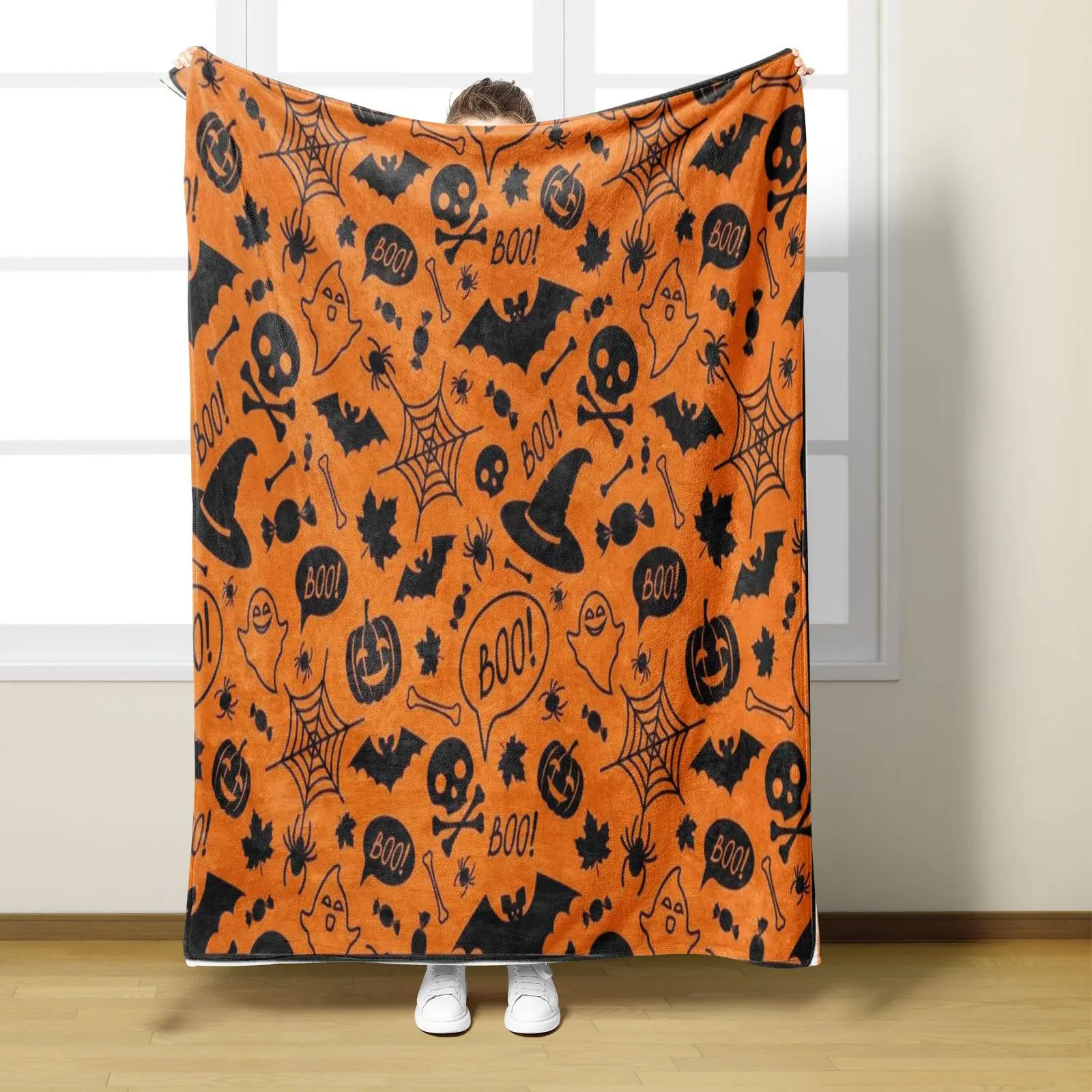 Orange Halloween Blanket Winter Warm Soft Cartoon Pumpkin Digital Printed Flannel Throw Blankets For Sofa Bedquilt