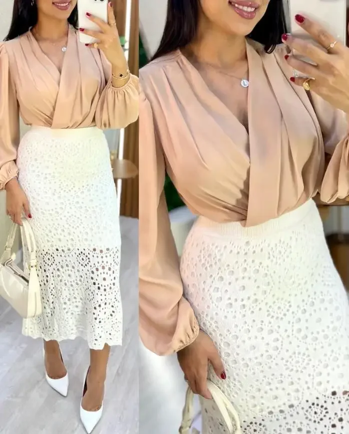 Women's Casual Hollow-Out Crochet Mid-Calf Skirt Temperament Commuting New Fashion Female High Waist Work Black Mermaid Skirts