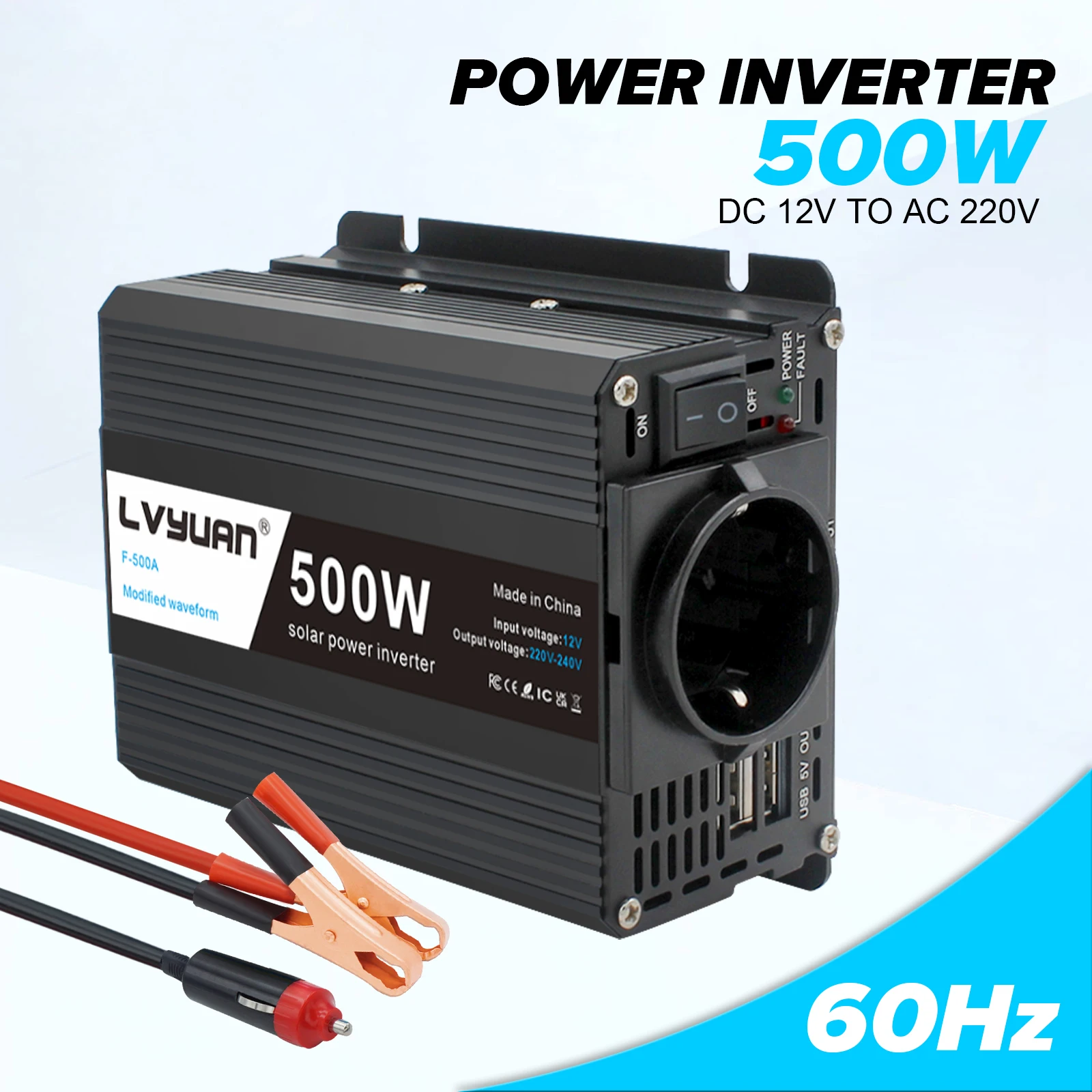 500W 휴대용 전원 인버터 자동차 태양광 인버터 USB DC 12V ~ AC 220V 변환 USB 배터리 클립 EU 소켓