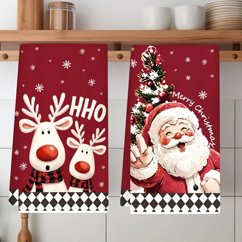 2 Christmas kitchen towels, cartoon Santa reindeer cleaning cloth, buffalo checked polyester absorbent dish towel