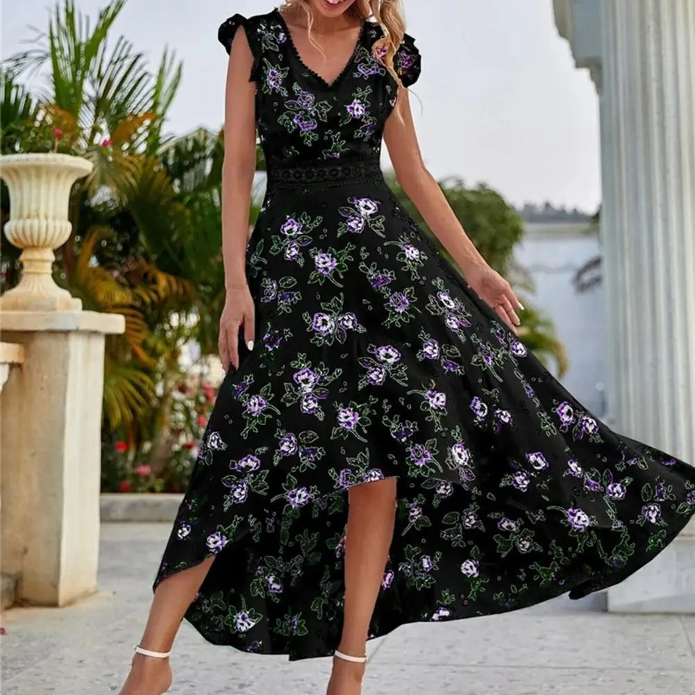 Maxi Dress V-neck Waist Tight High-low Hemline Chiffon Dress Floral Print Ruffle Trim Sleeve Beach Holiday Dress robe vestido