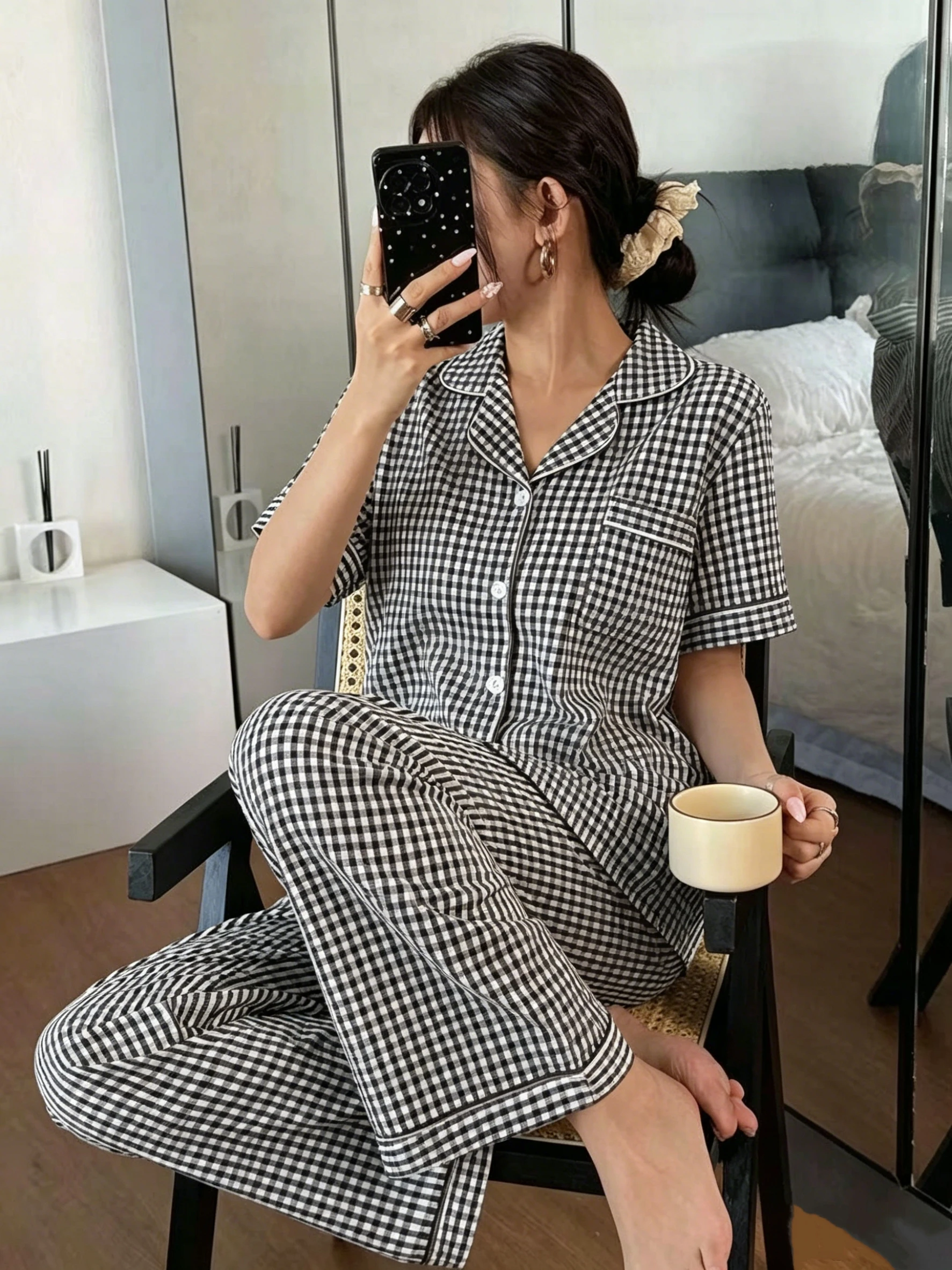 Women Gingham Pajamas Set Short Sleeve Button Down Shirt & Long Pants 2 Pieces Loungewear Casual Soft Sleepwear Homewear