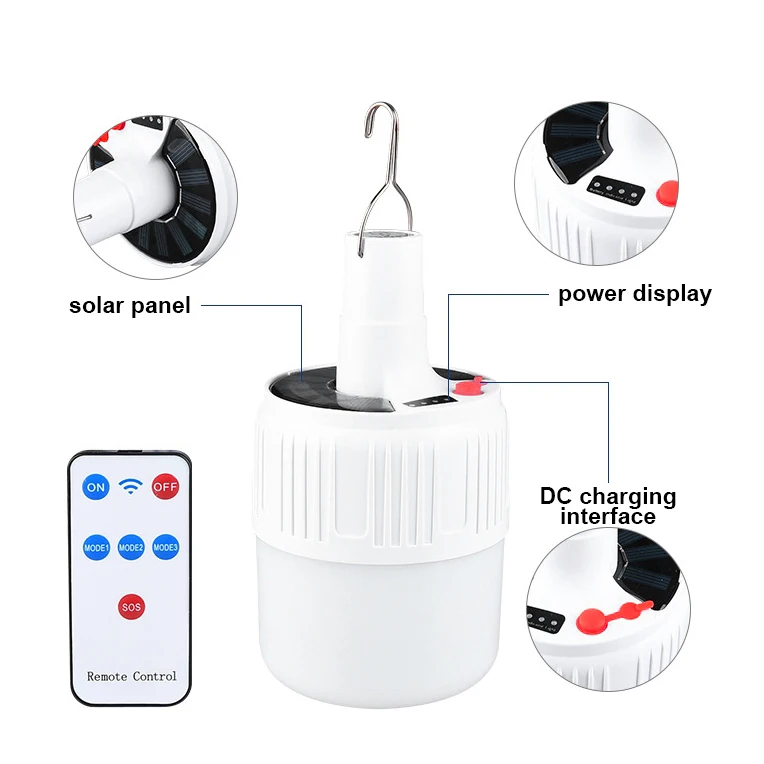 Solar Light Bulb Camping Solar LED Light USB Rechargeable 5Lighting Modes Tent Hanging Bulb for Outdoor Hiking Emergency Outage