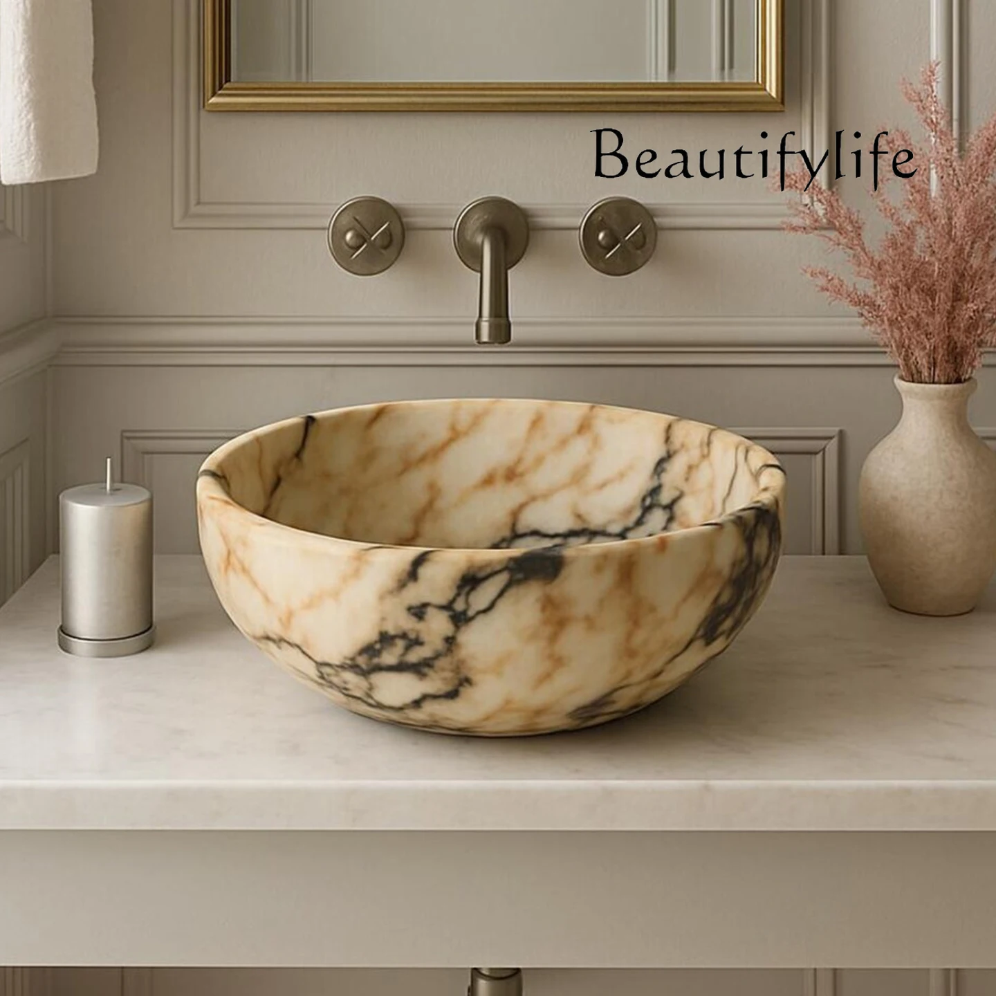 

Light luxury natural marble countertop basin washbasin French minimalist round bathroom washbasin