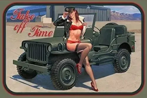 Tank Vintage Metal Tin Sign Pinup Girl Take Off Time Funny American Wwii Conscription Poster Bar Club Military Enthusiast Man