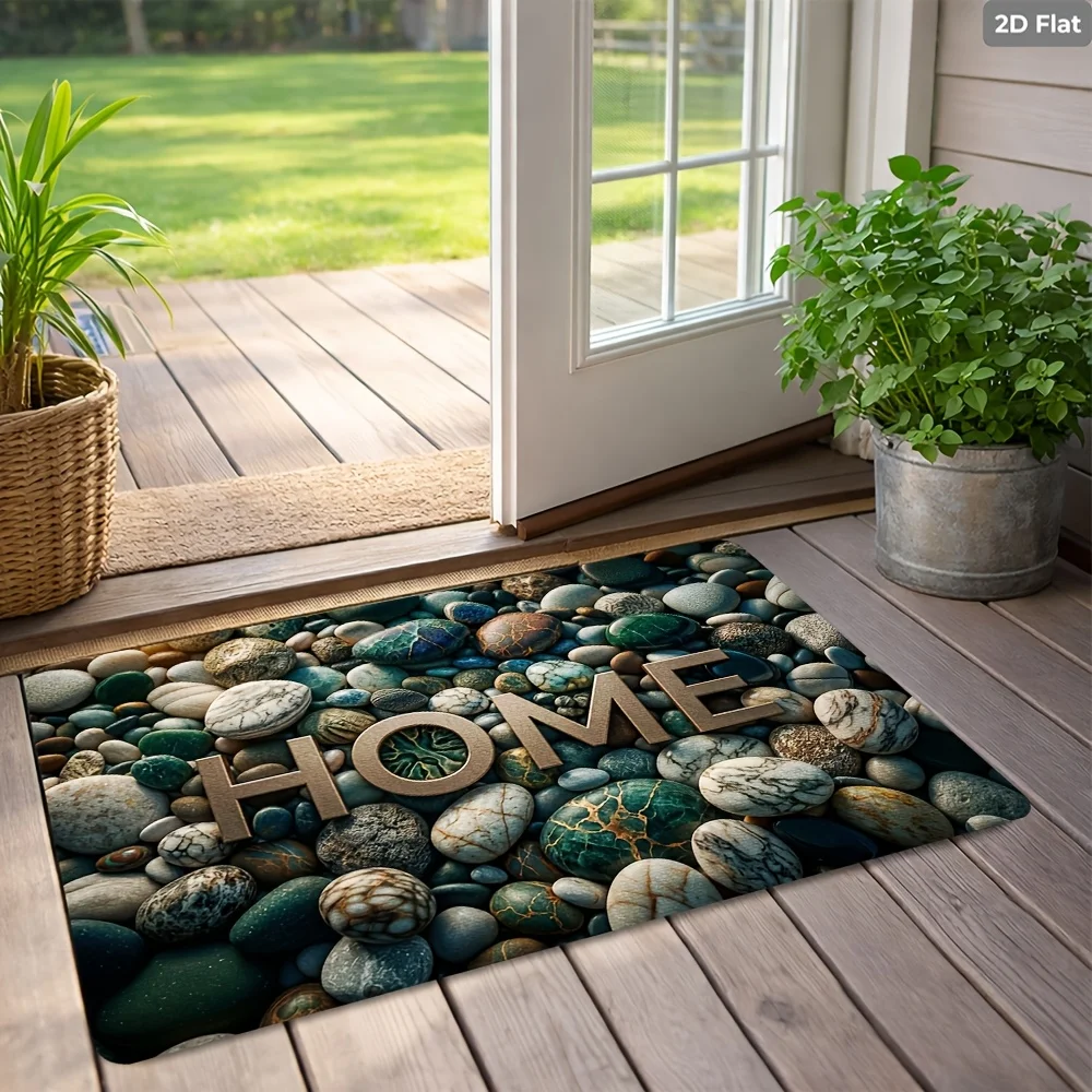 Zen style natural stone floor mat, 3D river pebble rug with home text for entrance porch decor