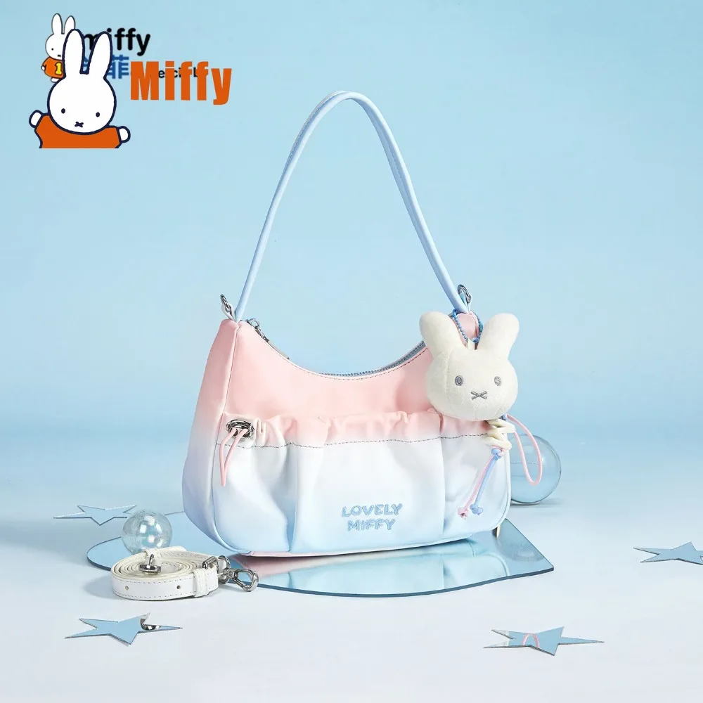 

Kawaii Miffy Gradient Pastel Shoulder Bag Cute Rabbit Plush Charm Mini Crossbody Bag Soft Fabric Ruched Detail Daily Use Gift