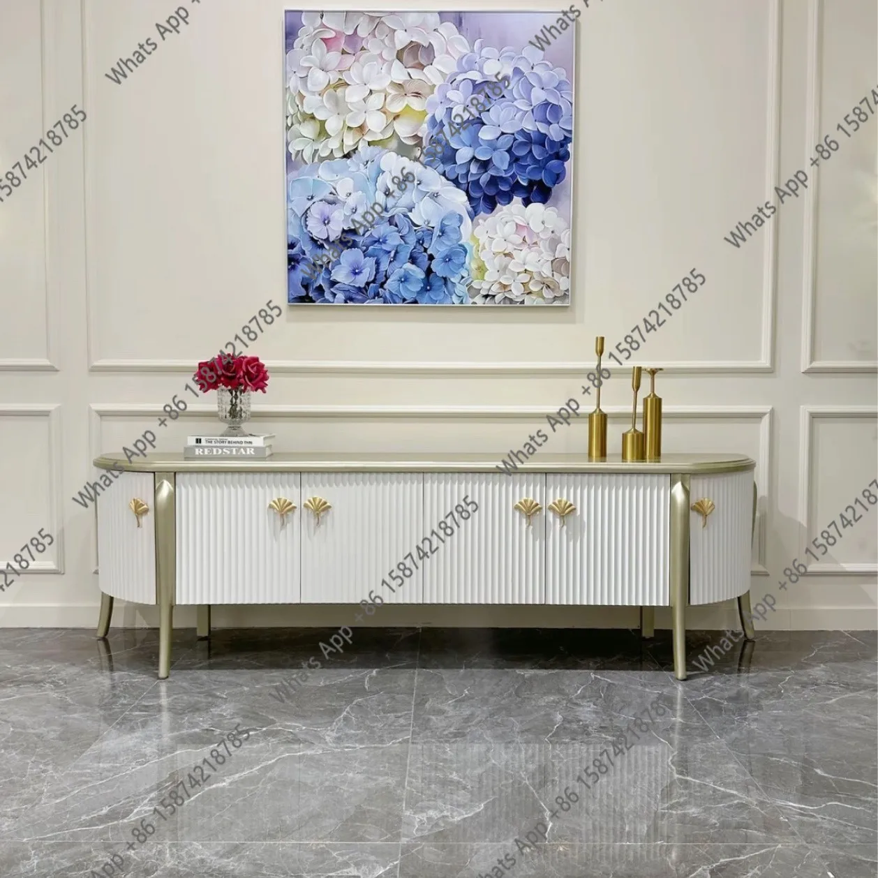 

American light luxury TV cabinet white champagne wall side cabinet household living room locker high-end villa