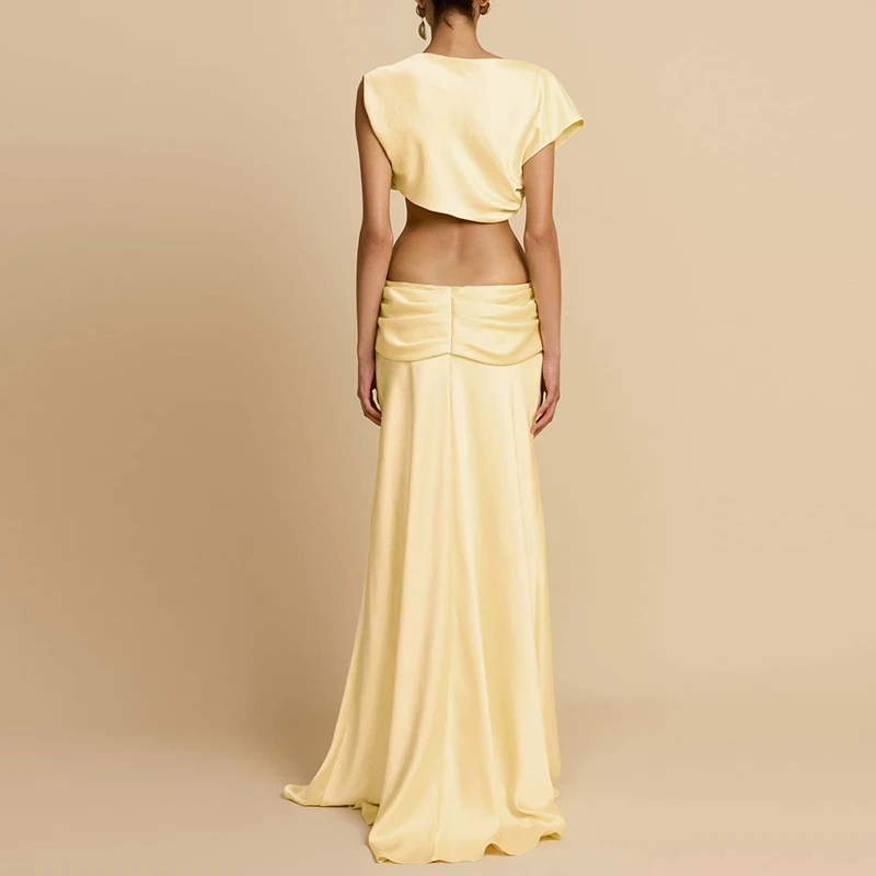 ハイウエストロングスカートセット サテン おへそ出し スリムフィット レディース パーティー ツーピースセット 春夏 ホローセクシー ホリデースーツ