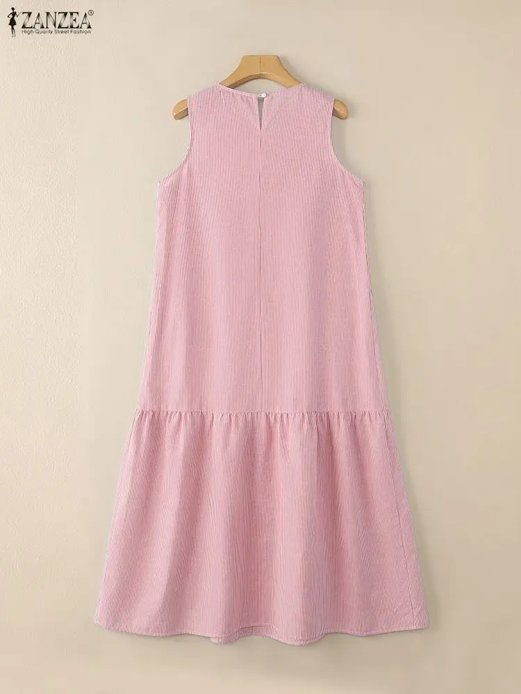 Zanzea verão feminino sem mangas listrado maxi vestido casual o pescoço solto a linha vestidos em camadas moda coreana roupas femininas