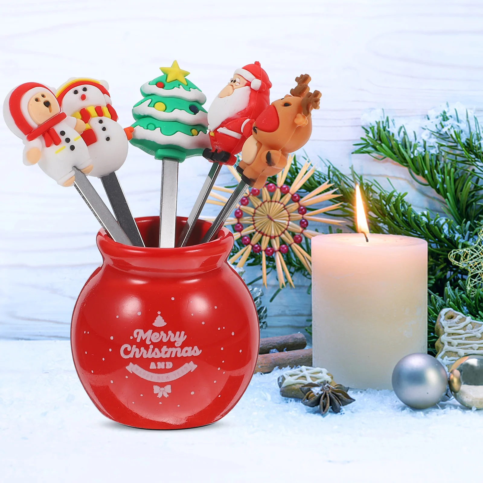 

1Set Stainless Steel Fruit Fork Set Creative Xmas Cake Dessert Forks Party Salad Appetizer Picks Holiday Supplies