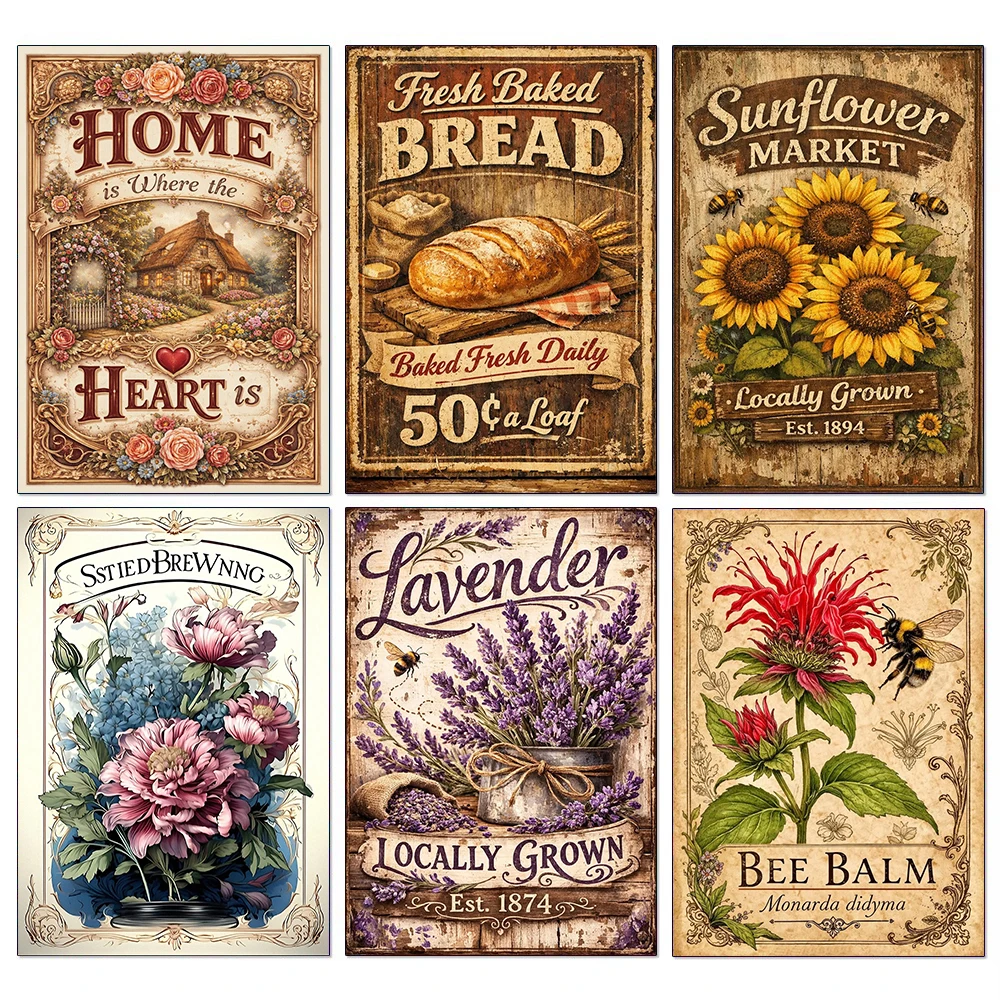 Pintura de Diamantes Vintage Estilo Campestre, Mosaico Floral de Pan, Girasol y Lavanda, Arte DIY con Diamantes de Imitación, Decoración para Sala de Estar y Cocina